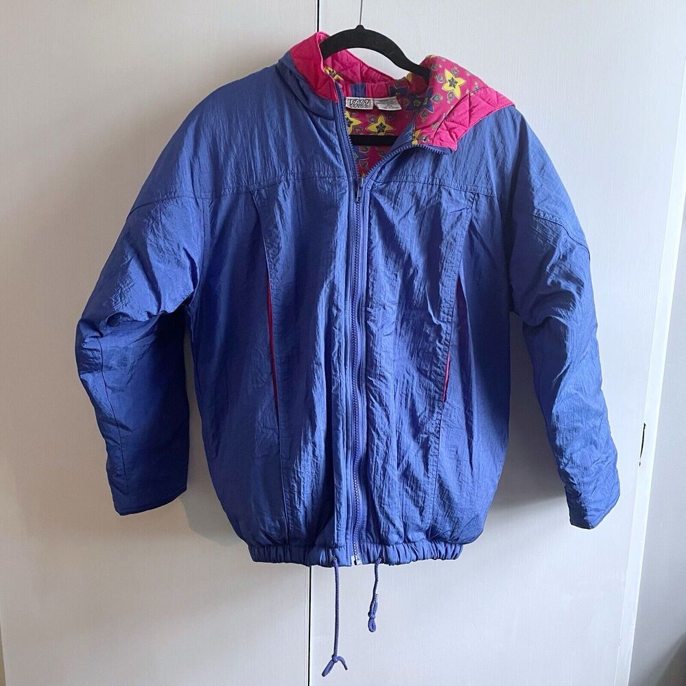 Vintage Fast Turn Down Jacket Womens Medium 10/12 Full Zip Blue Pink Collar Hood